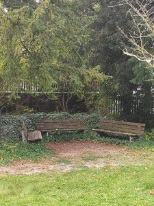 Drei Sitbank im einem grüner Garten